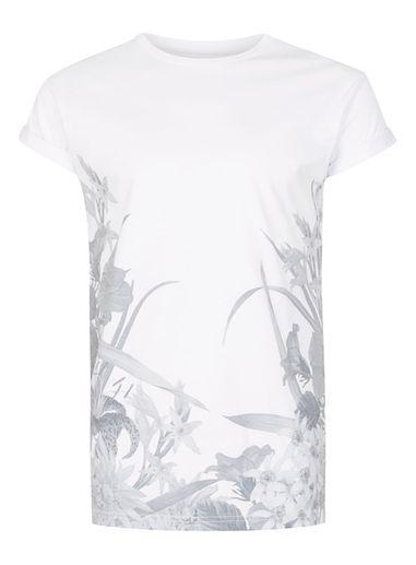 Topman Mens White Floral Hem Print Muscle Fit T-shirt
