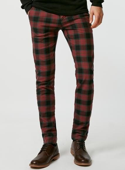Topman Mens Black/green/red Check Stretch Skinny Chinos