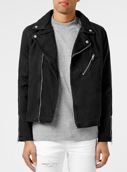 Topman Mens Black Denim Biker Jacket