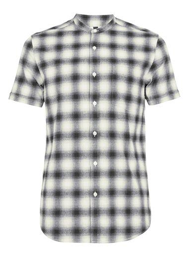 Topman Mens Grey Shadow Check Stand Collar Casual Shirt