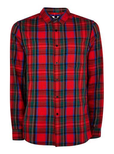 Topman Mens Red Tartan Stretch Long Sleeve Shirt
