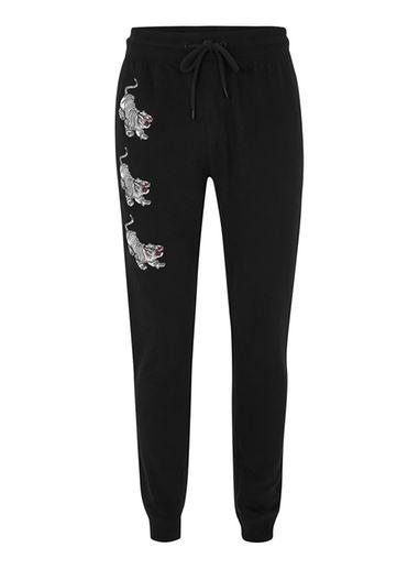 Topman Mens Grey Black Tiger Embroidered Joggers