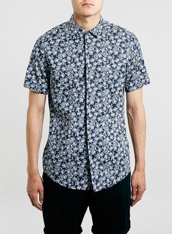Topman Mens Blue Navy Floral Short Sleeve Smart Shirt