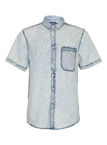 Topman Blue Extreme Acid Wash Short Sleeve Denim Shirt