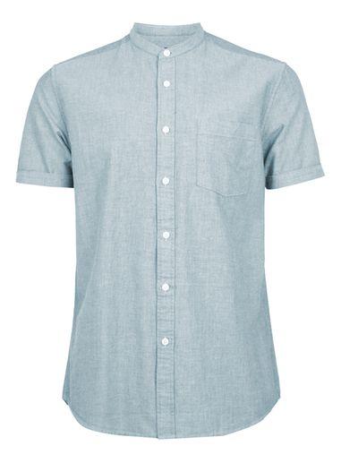 Topman Mens Green And White Oxford Stand Collar Casual Shirt