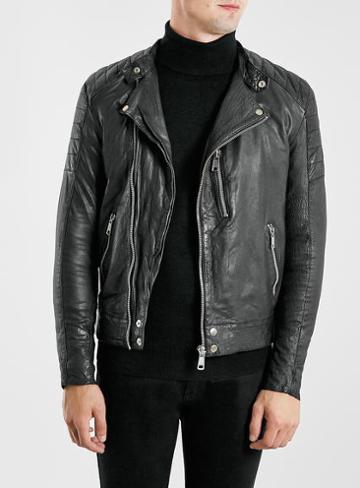 Topman Mens Black Collarless Leather Biker Jacket*