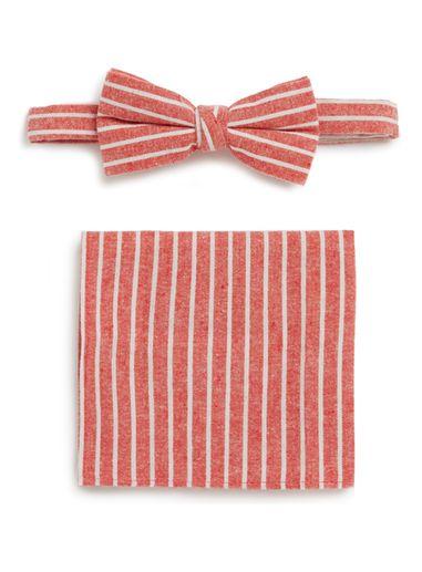 Topman Mens Red Stripe Chambray Bow Tie And Pocket Square Set