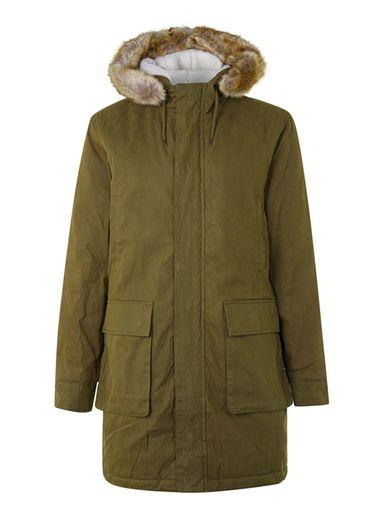 Topman Mens Green Khaki Faux Fur Hood Long Parka