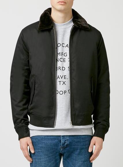 Topman Mens Black Faux Fur Lined Flight Jacket