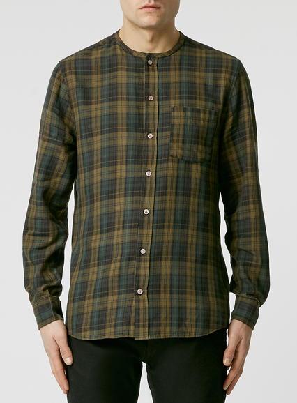 Topman Mens Green Khaki Check Stand Collar Casual Shirt