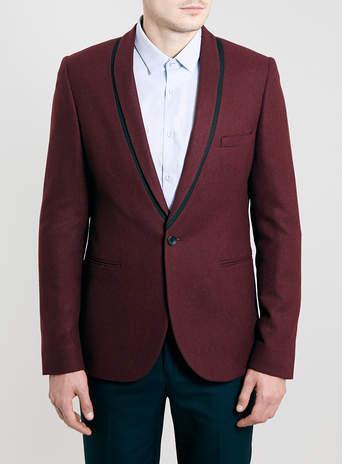 Topman Mens Red Burgundy Flannel Skinny Fit Blazer