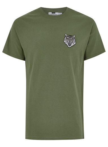 Topman Mens Green Khaki Tiger Embroidered T-shirt