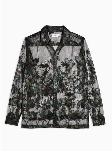 Topman Mens Black Sheer Floral Slim Shirt