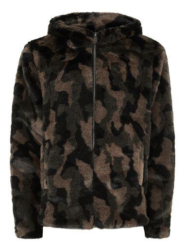 Topman Mens Green Camouflage Faux Fur Hooded Jacket