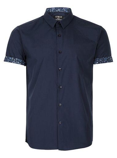 Topman Mens Blue Navy Turn Up Short Sleeve Dress Shirt