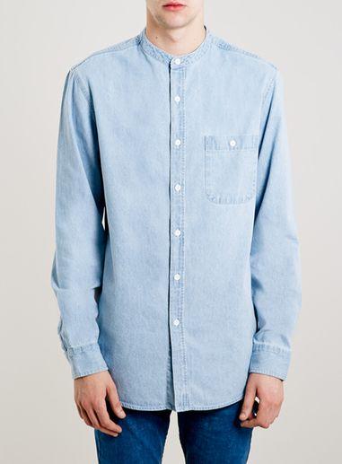Topman Mens Blue Bleach Wash Denim Stand Collar Long Sleeve Casual Shirt