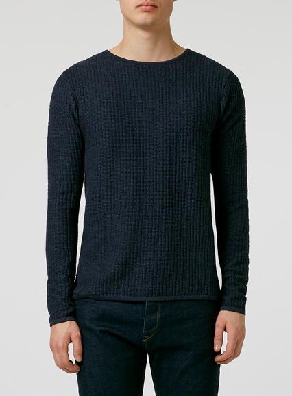Topman Mens Blue Navy Twist Gridstitch Crew Neck Sweater