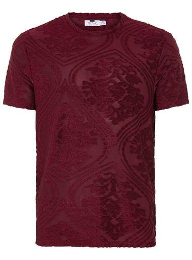 Topman Mens Red Burgundy Floral Mesh Devore T-shirt