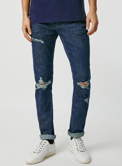 Topman Mens Blue Indigo Ripped Stretch Slim Jeans