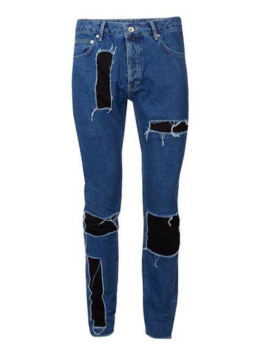 Topman Mens Aaa Mid Wash Blue Patched Skinny Jeans