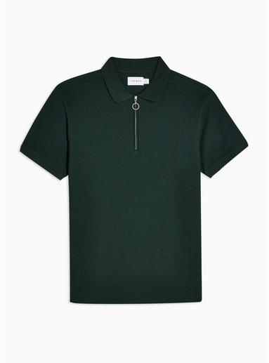 Topman Mens Green Zip Short Sleeve Polo