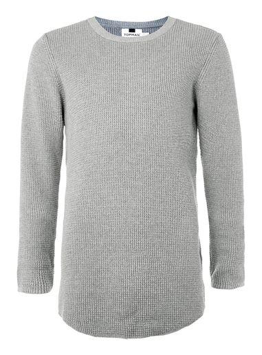 Topman Mens Grey Waffle Textured Curved Hem Sweater