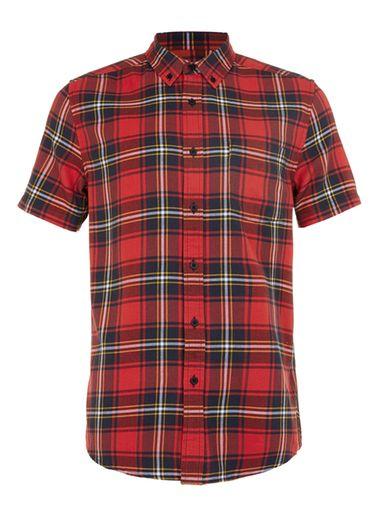 Topman Mens Red Tartan Short Sleeve Casual Shirt