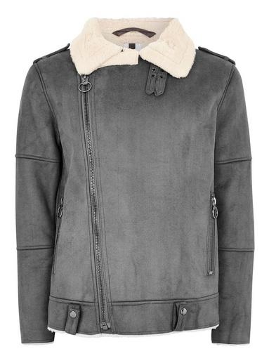 Topman Mens Mid Grey Grey Faux Shearling Biker Jacket