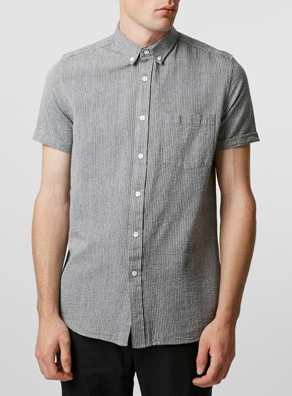 Topman Mens Grey Stripe Seersucker Short Sleeve Casual Shirt