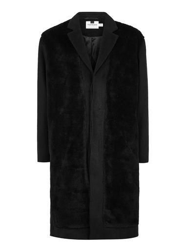 Topman Mens Black Faux Fur Front Overcoat