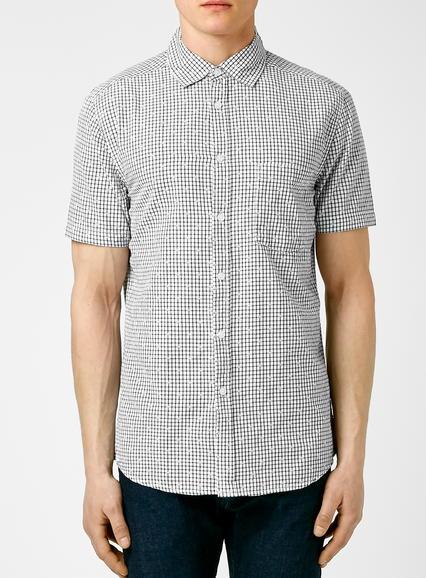 Topman Mens Grey And White Dobby Gingham Short Sleeve Casual Shirt