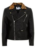 Topman Mens Black Leather Biker Jacket With Leopard Collar