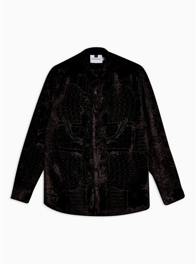 Topman Mens Black Velvet Skull Slim Shirt