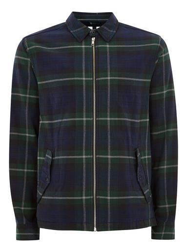 Topman Mens Green Black Watch Zip Through Long Sleeve Shirt