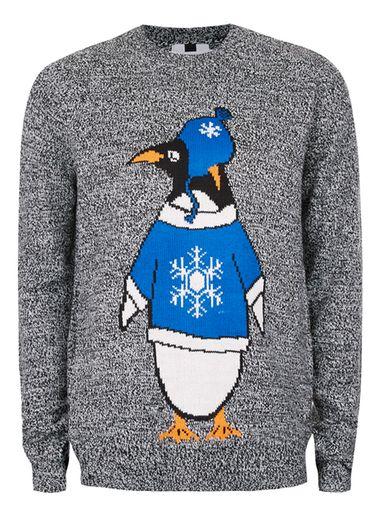 Topman Mens Mid Grey Black And White Twist Penguin Holiday Sweater