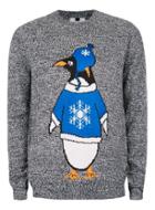 Topman Mens Mid Grey Black And White Twist Penguin Holiday Sweater