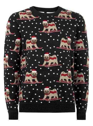 Topman Mens Grey Charcoal Gray Skiing Pug Sweater