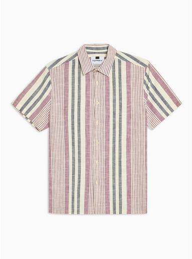 Topman Mens Red Burgundy And Stone Woven Stripe Slim Shirt