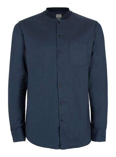 Topman Mens Blue Selected Homme Navy Ribbed Collar Cotton Shirt