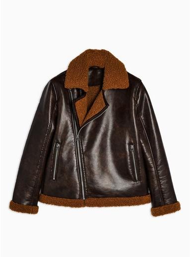 Topman Mens Brown Biker Shearling Jacket