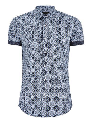 Topman Mens Blue Printed Muscle Short Sleeve Shirt