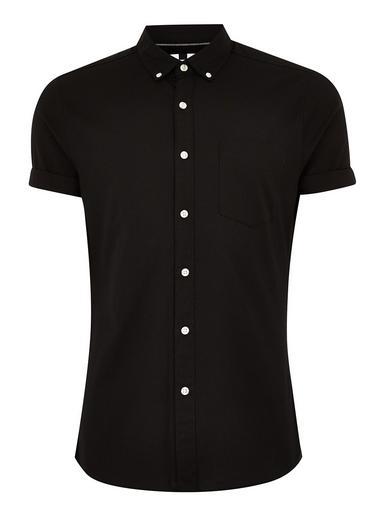 Topman Mens Black Muscle Short Sleeve Oxford Shirt