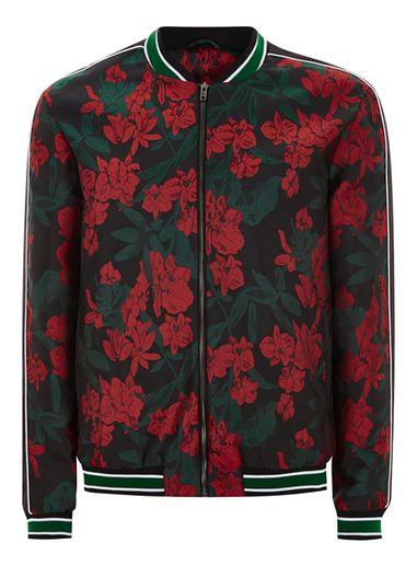 Topman Mens Black And Red Floral Smart Bomber Jacket