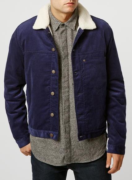 Topman Mens Blue Ltd Core Navy Borg Lined Cord Jacket
