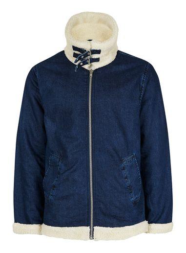 Topman Mens Washed Blue Denim Exaggerated Collar Flight Jacket