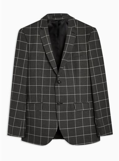 Topman Mens Grey Charcoal Windowpane Skinny Blazer