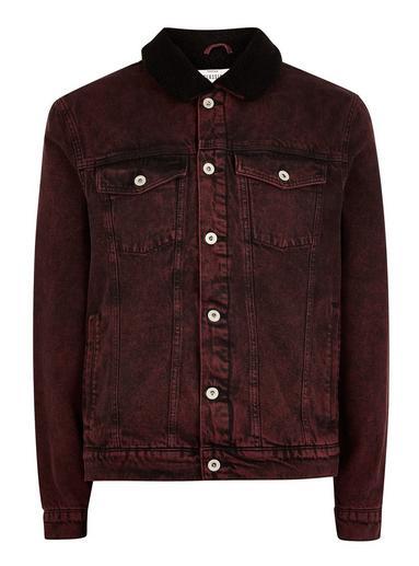 Topman Mens Red Acid Wash Borg Denim Jacket