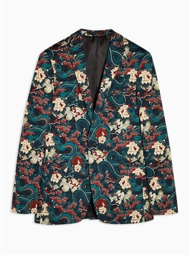 Topman Mens Black Japan Printed Super Skinny Blazer