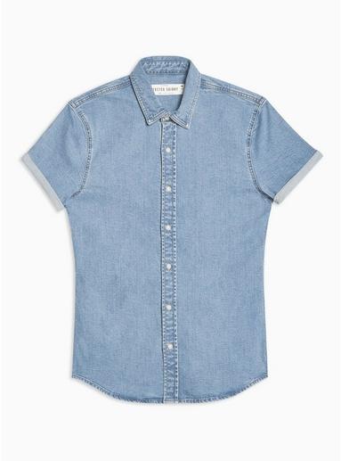 Topman Mens Blue Bleach Stretch Skinny Denim Shirt
