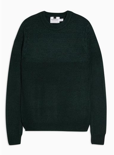 Topman Mens Green And Navy Twist Rack Yoke Panel Sweater